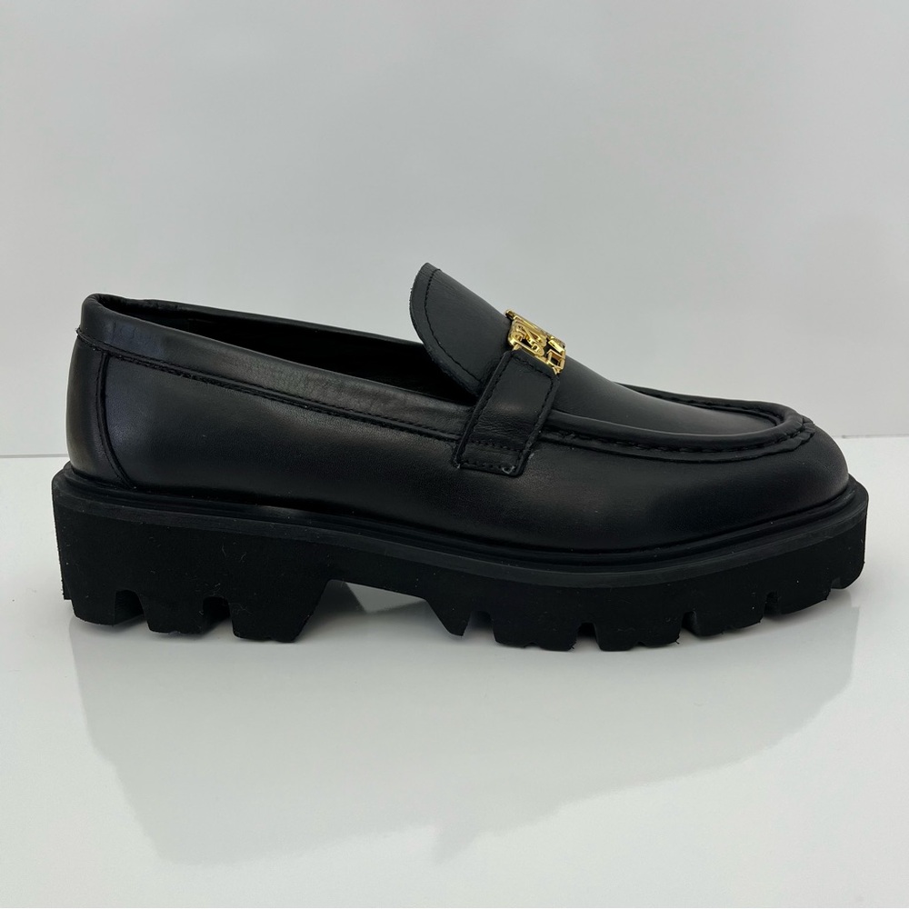 Roberto Cavalli Black Leather Lug Sole Loafers with Gold Accent